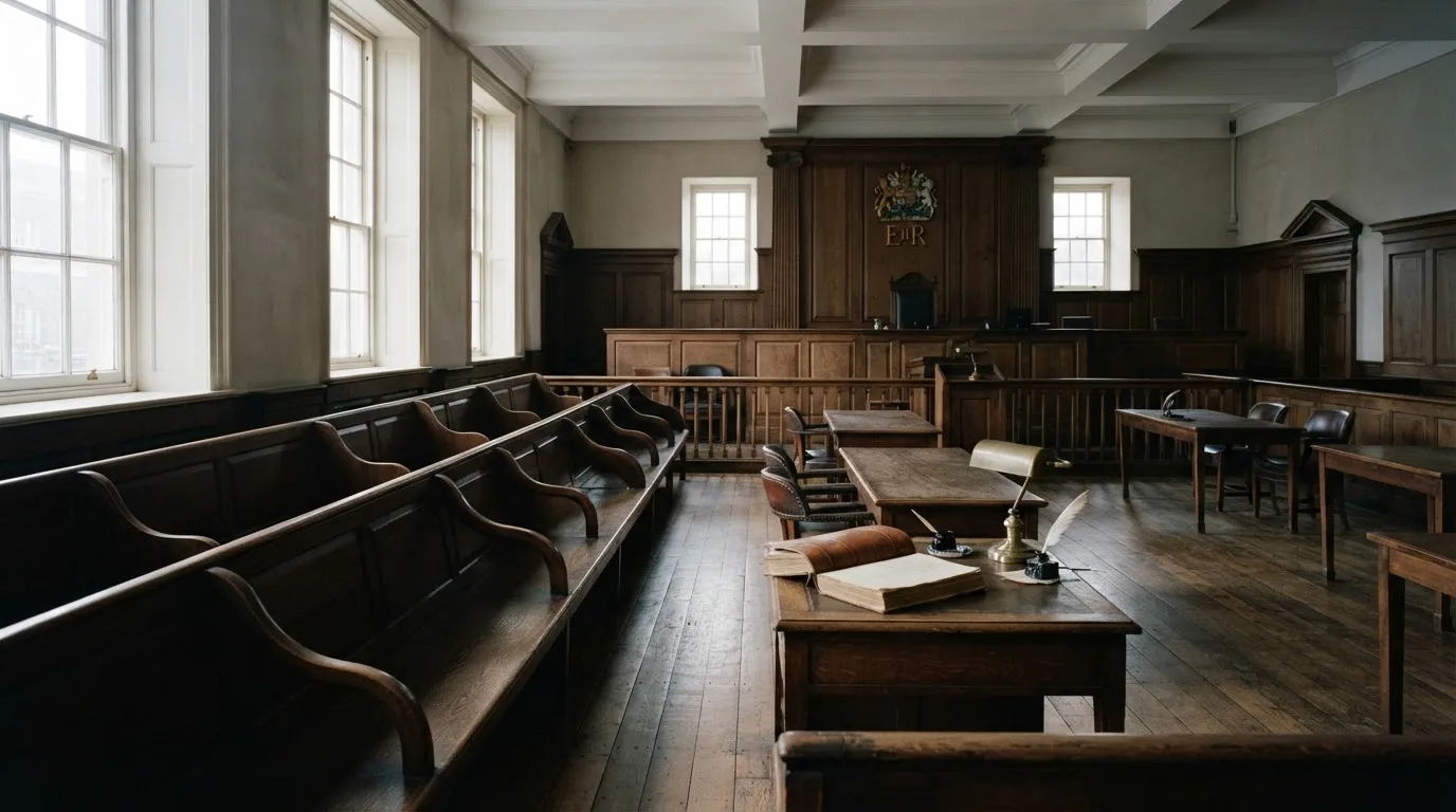 An empty courtroom with wooden benches in morning light