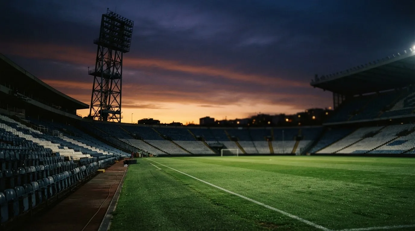 An empty football stadium with floodlight masts at dusk