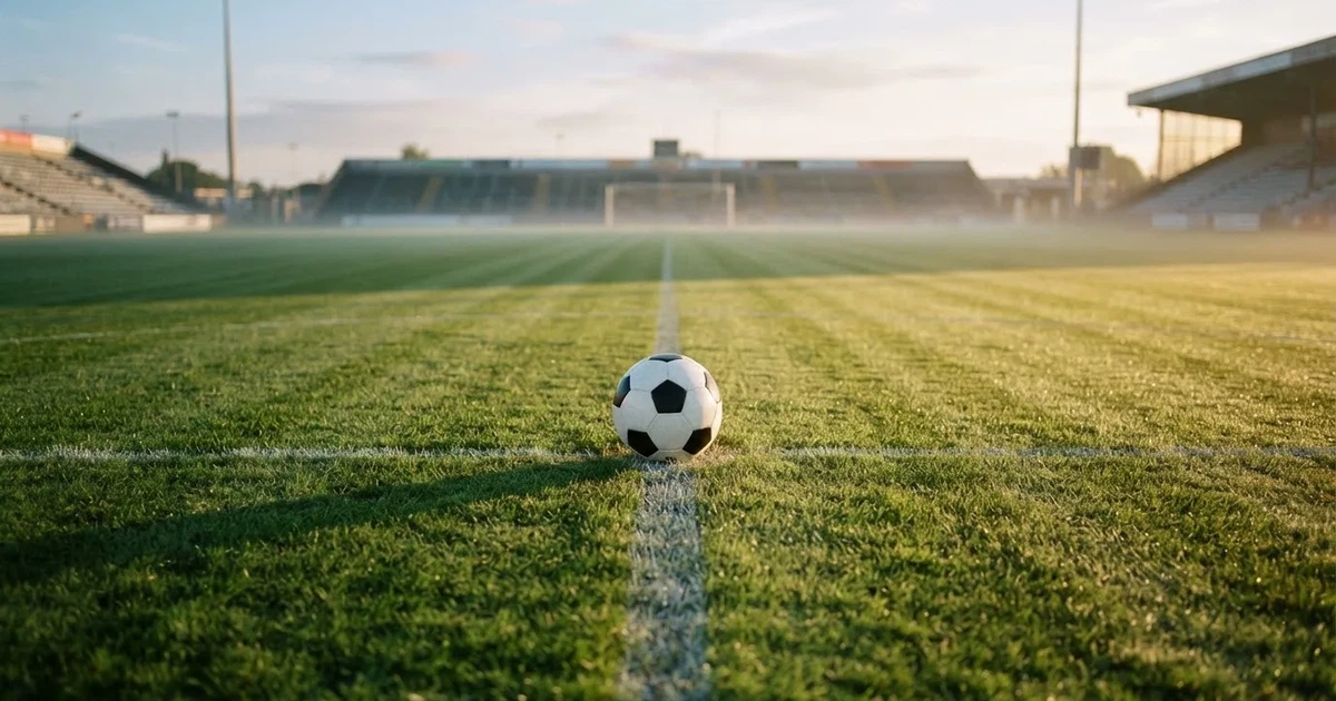 A ball on the centre spot of a grass pitch in morning light