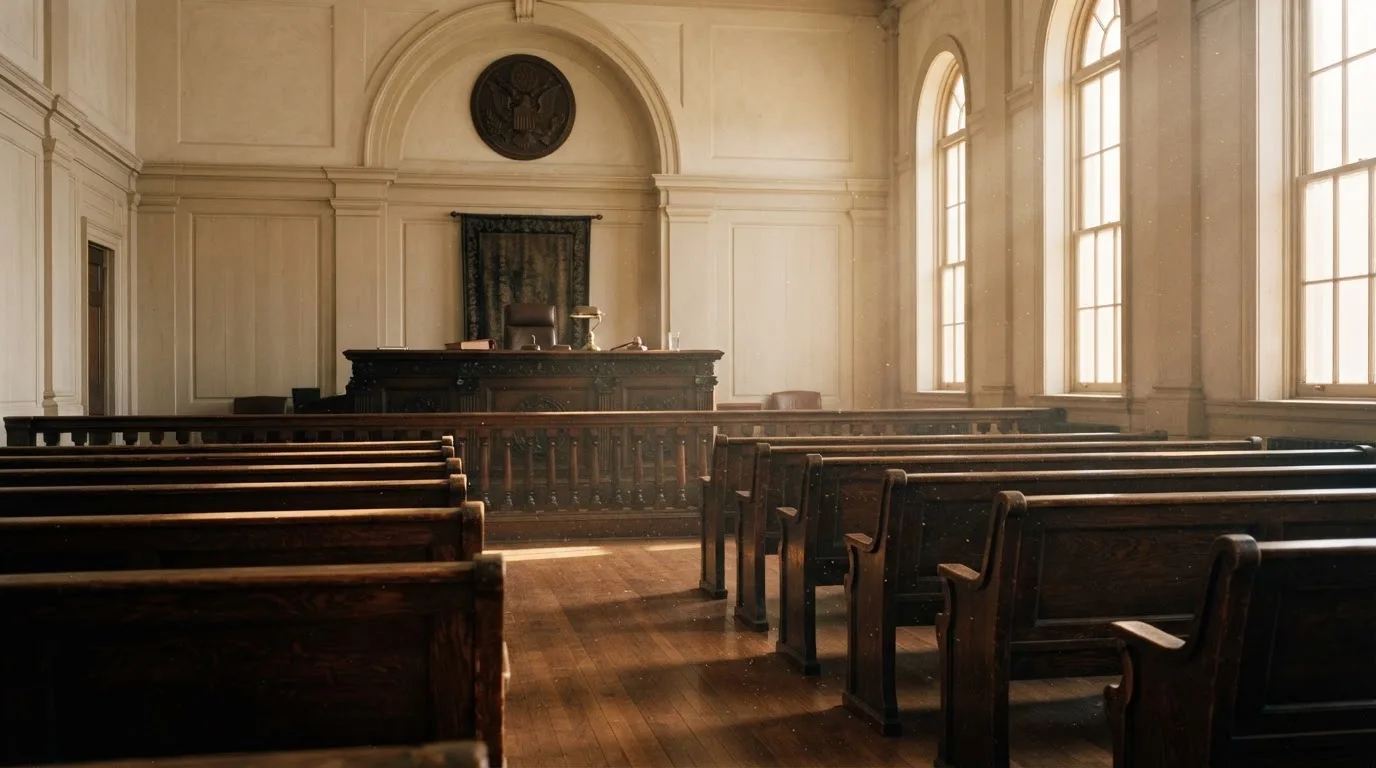 An empty courtroom with wooden benches in morning light