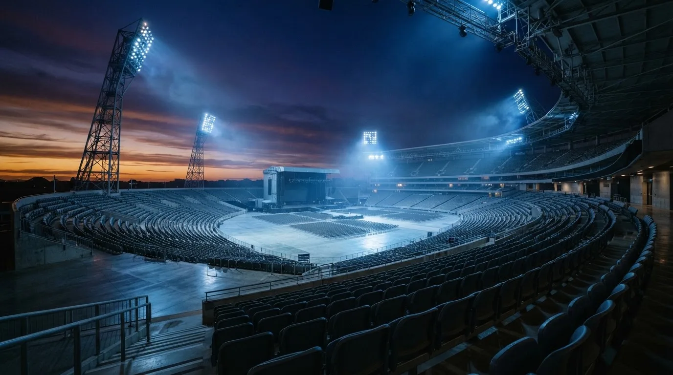 An empty football stadium with floodlight masts at dusk