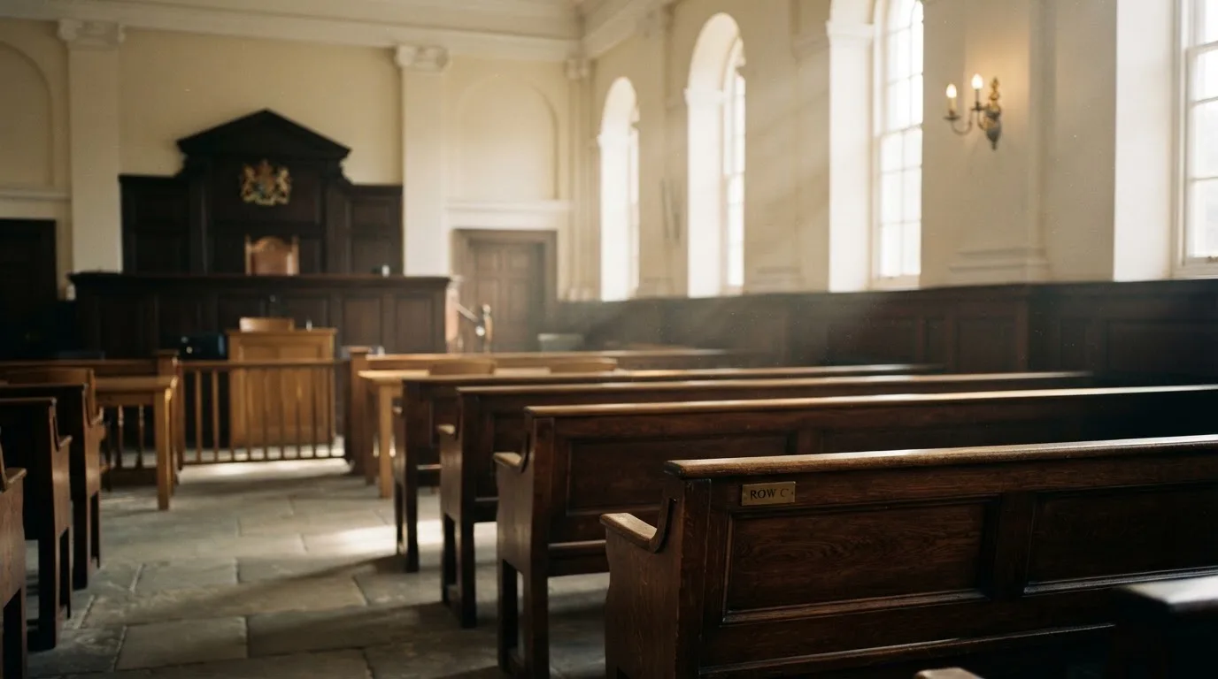 An empty courtroom with wooden benches in morning light
