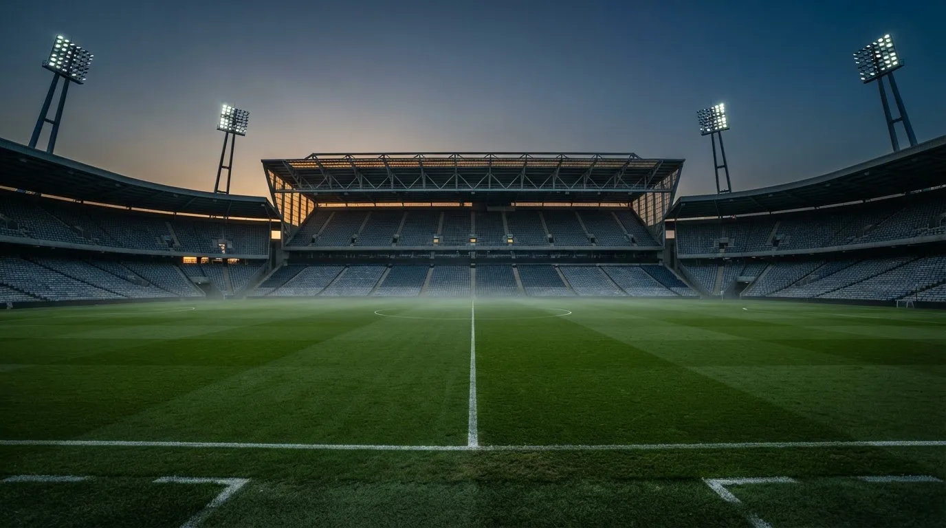An empty football stadium with floodlight masts at dusk