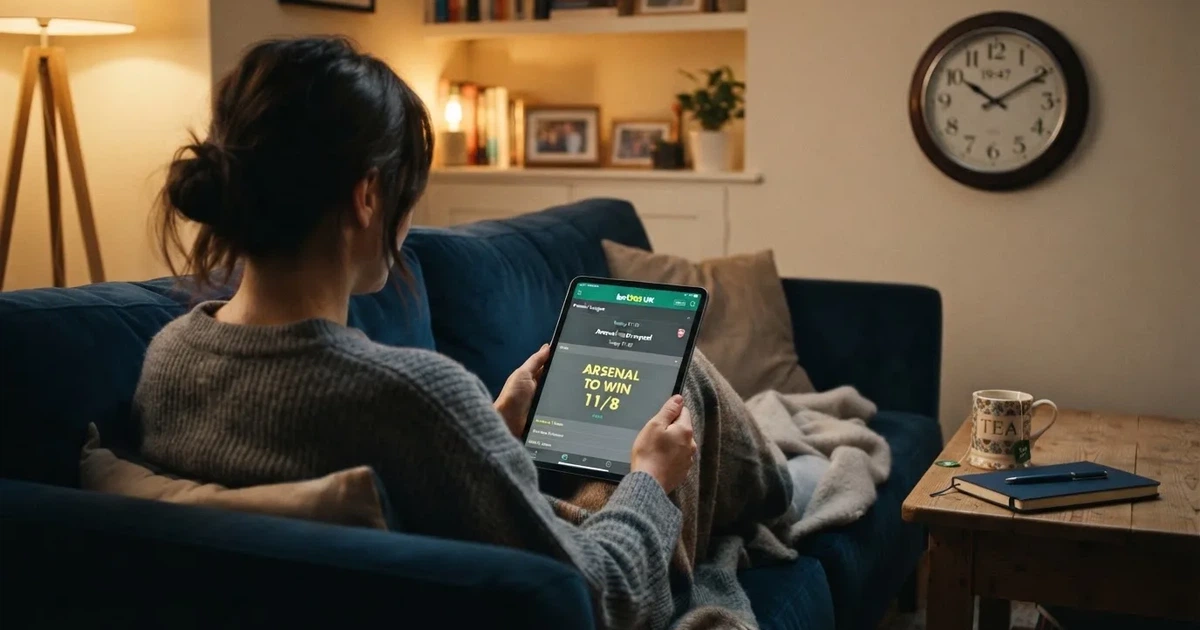 A person on a sofa looking thoughtfully at a tablet, a wall clock in the background