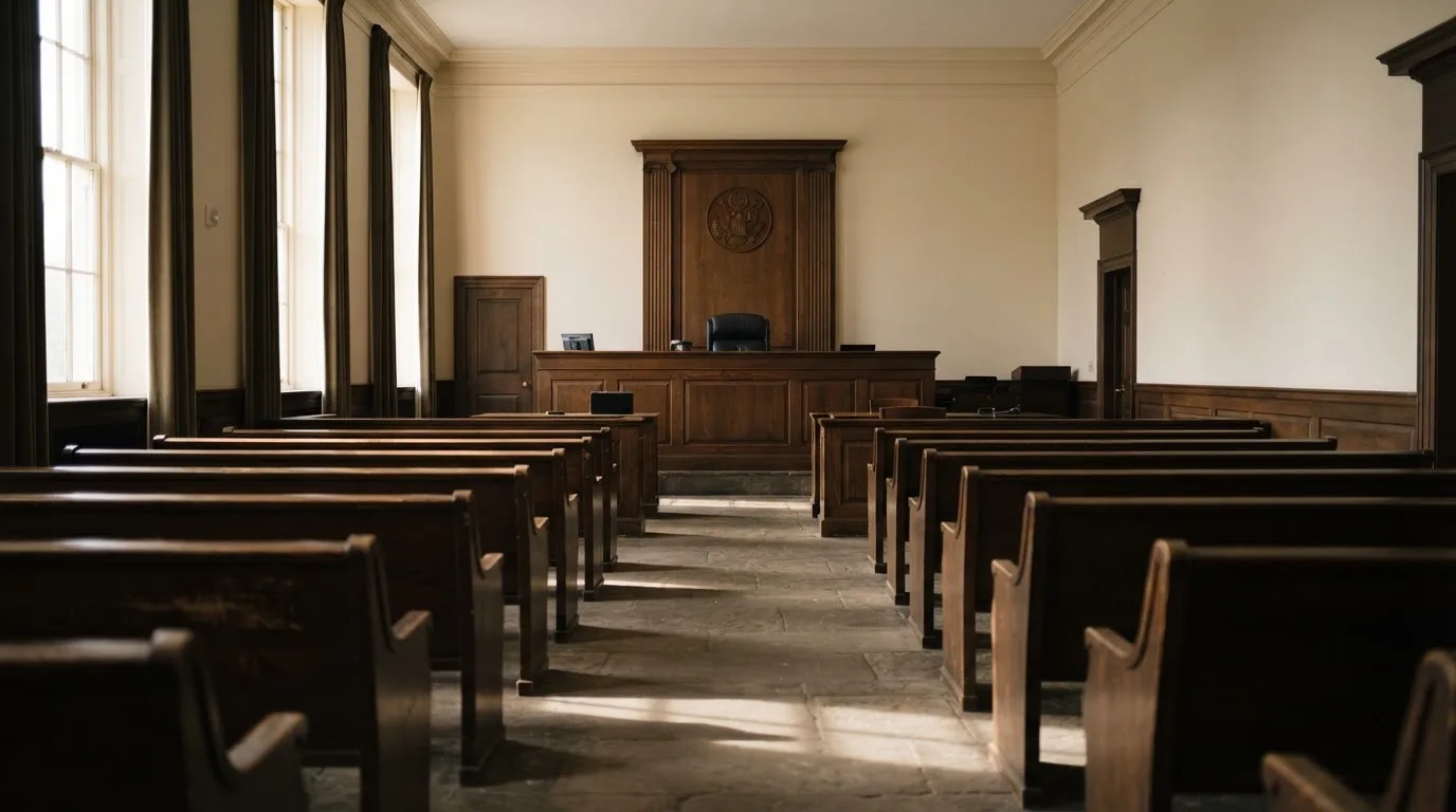 An empty courtroom with wooden benches in morning light