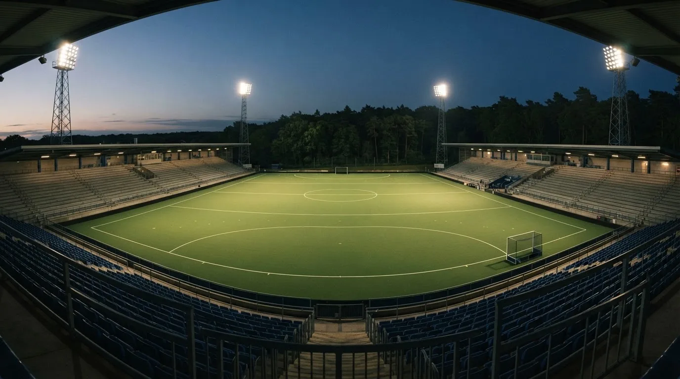 An empty football stadium with floodlight masts at dusk