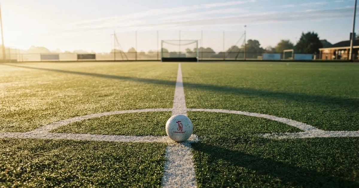 A ball on the centre spot of a grass pitch in morning light