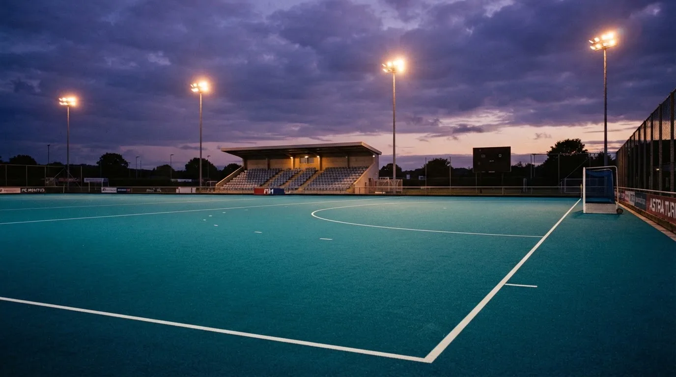An empty football stadium with floodlight masts at dusk