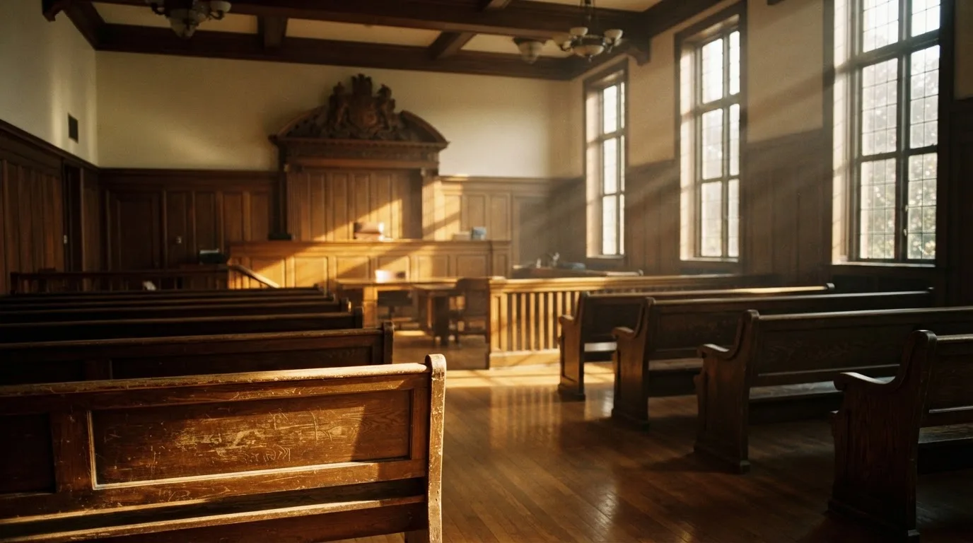 An empty courtroom with wooden benches in morning light
