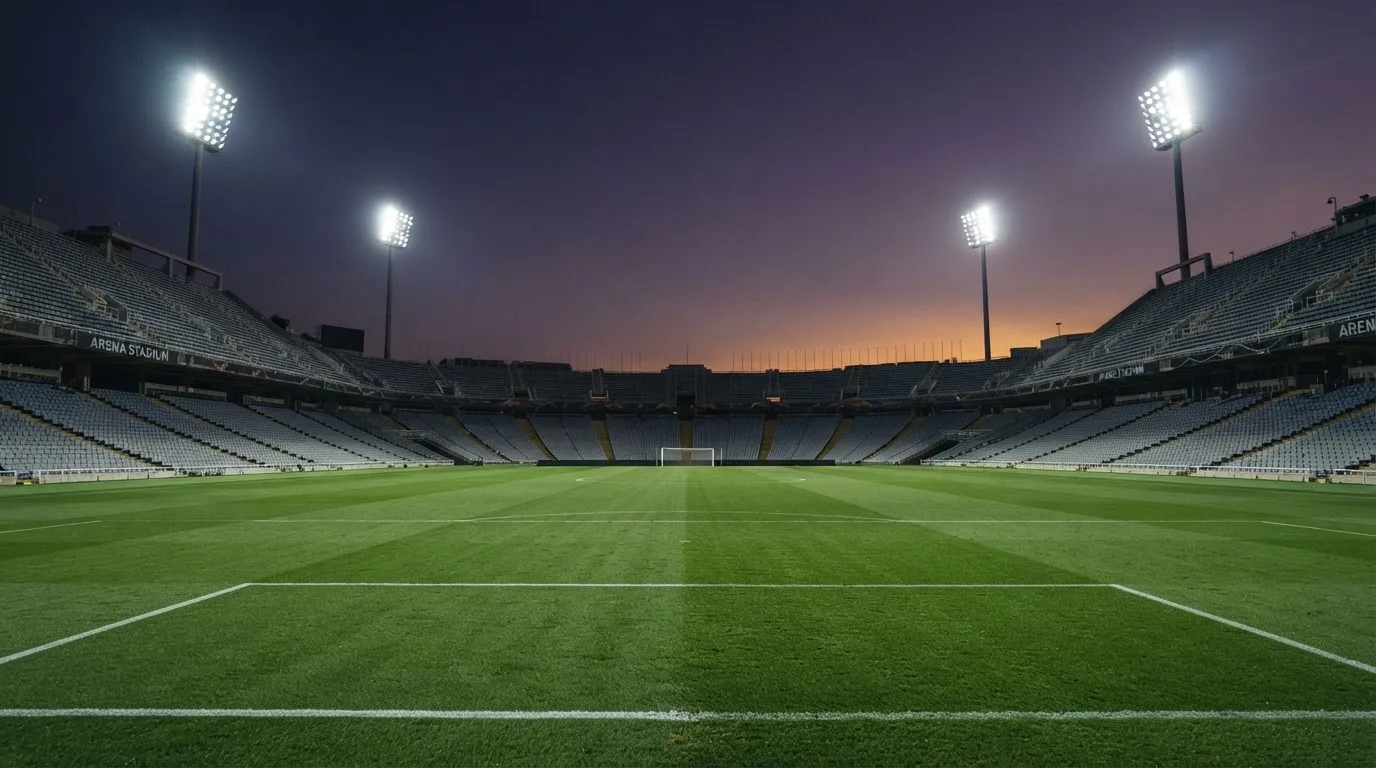 An empty football stadium with floodlight masts at dusk