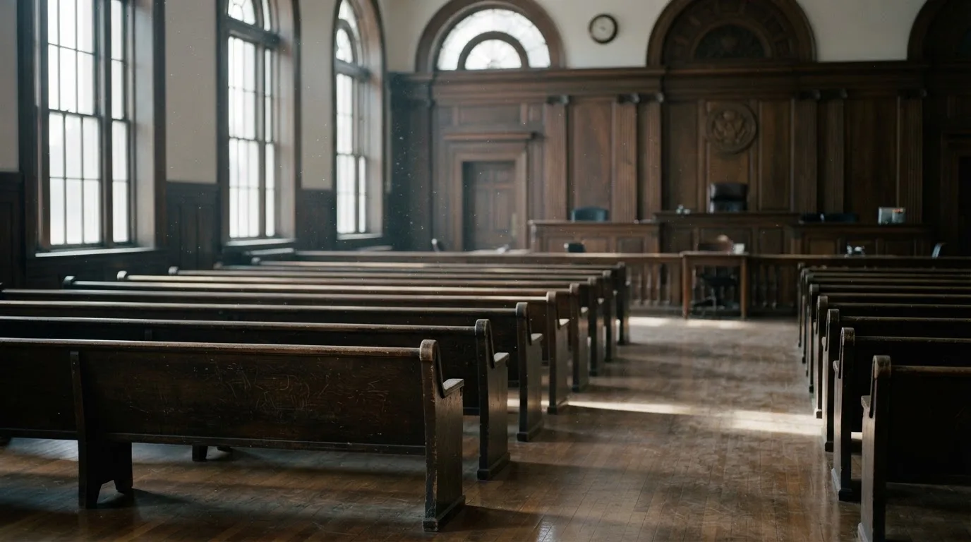 An empty courtroom with wooden benches in morning light