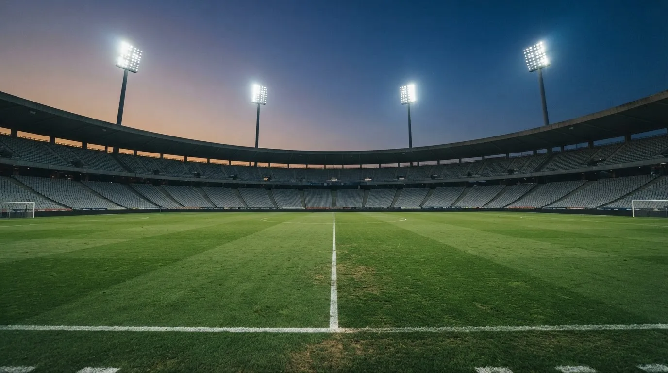 An empty football stadium with floodlight masts at dusk