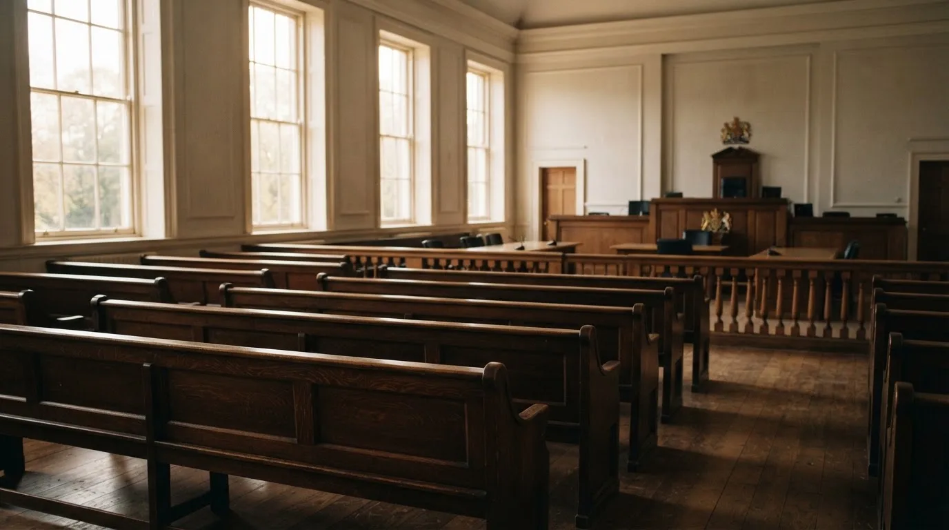 An empty courtroom with wooden benches in morning light