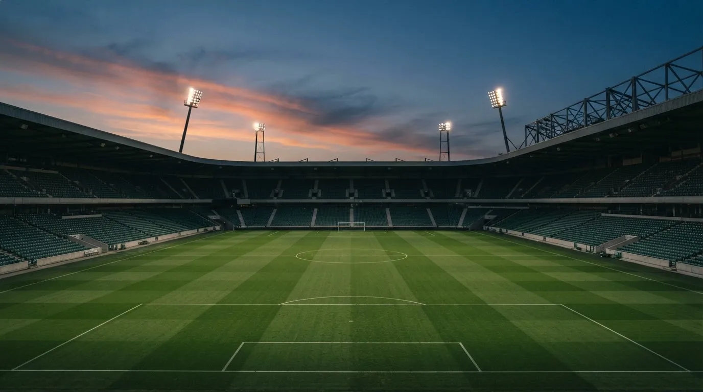An empty football stadium with floodlight masts at dusk
