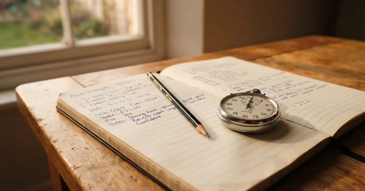 An open notebook with a pencil and a stopwatch on a wooden table
