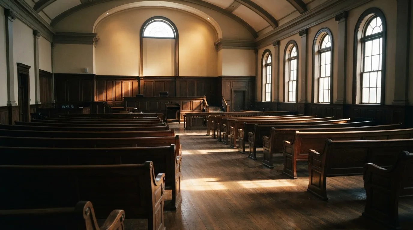 An empty courtroom with wooden benches in morning light