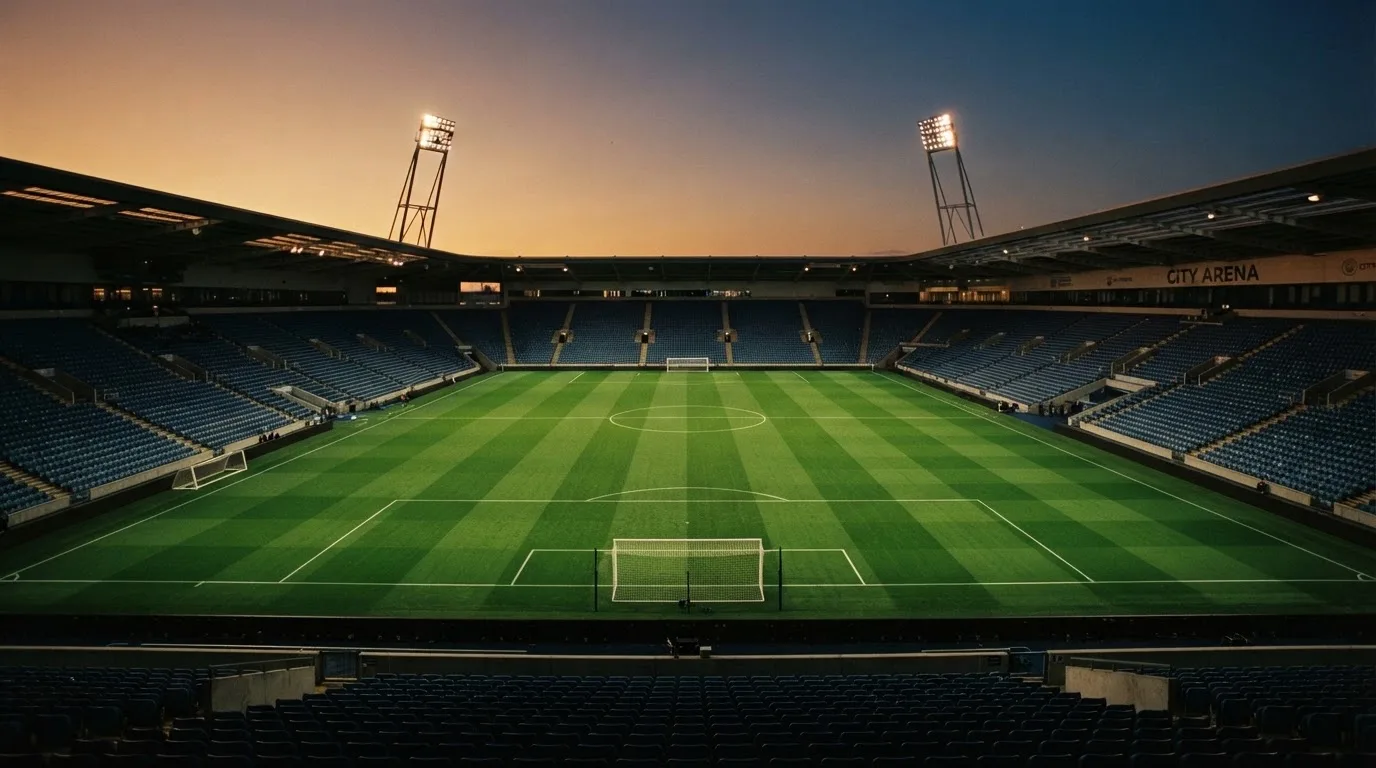 An empty football stadium with floodlight masts at dusk