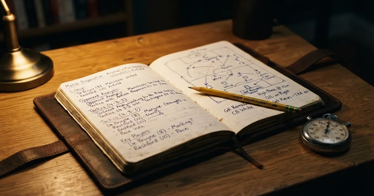 An open notebook with a pencil and a stopwatch on a wooden table