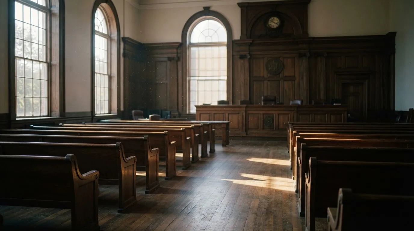 An empty courtroom with wooden benches in morning light