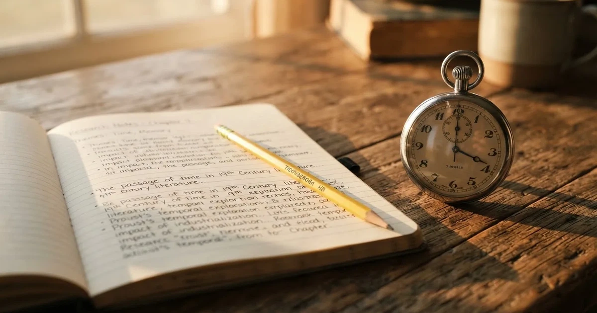 An open notebook with a pencil and a stopwatch on a wooden table