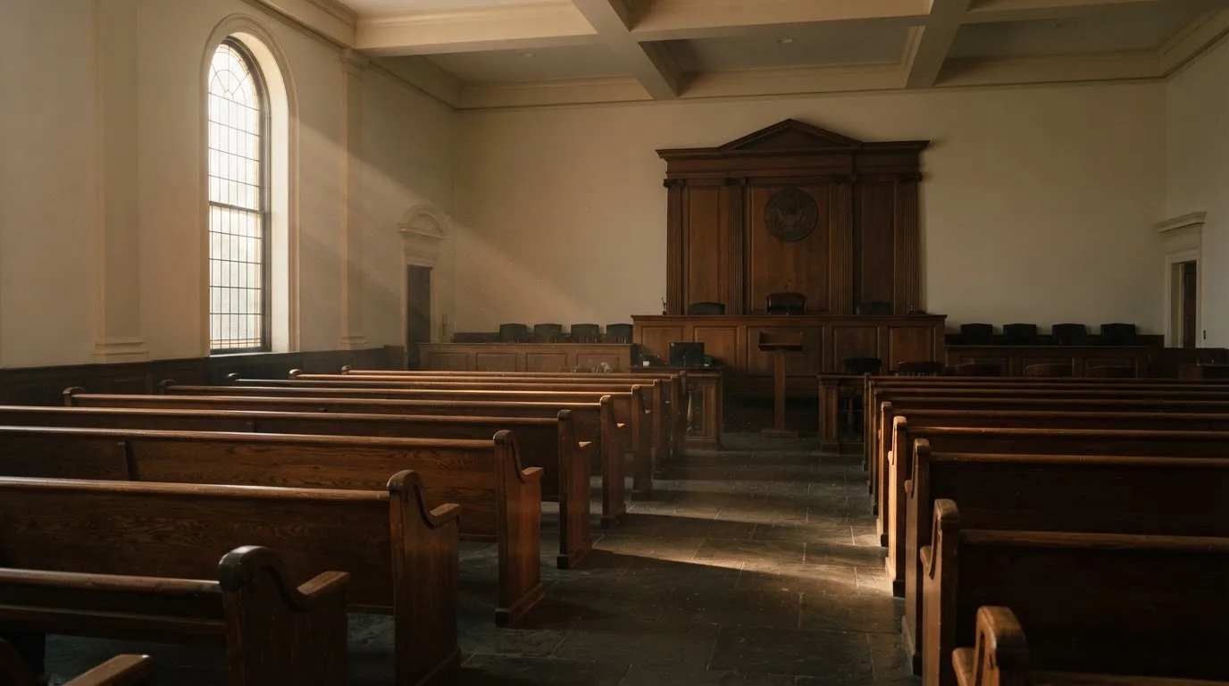 An empty courtroom with wooden benches in morning light