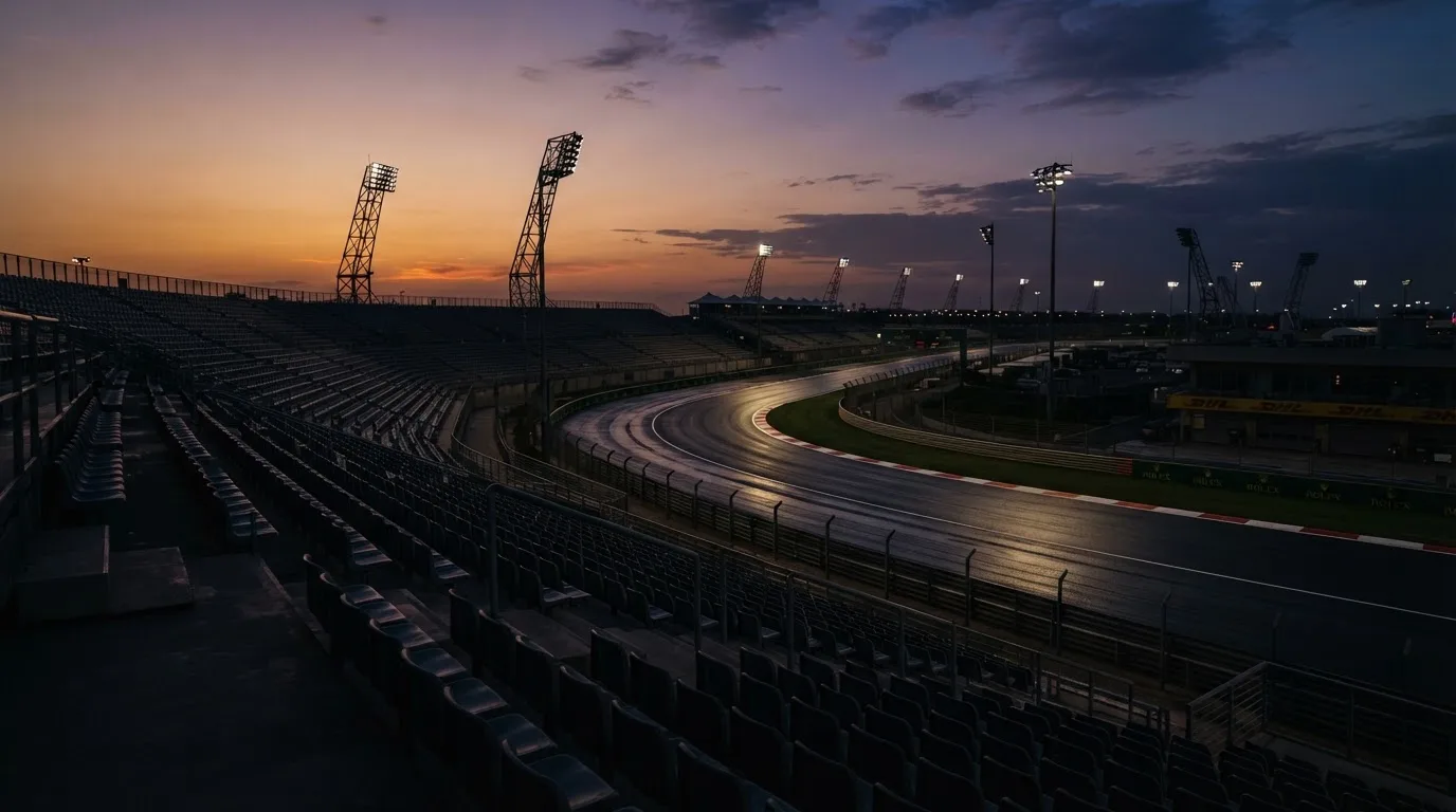 An empty football stadium with floodlight masts at dusk