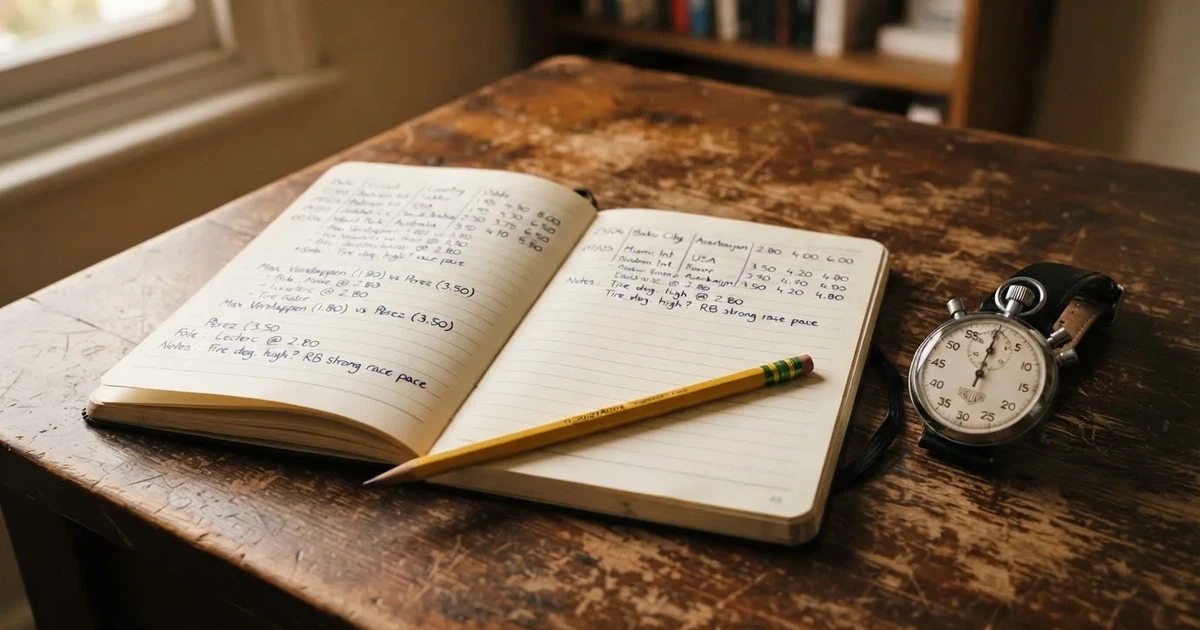 An open notebook with a pencil and a stopwatch on a wooden table