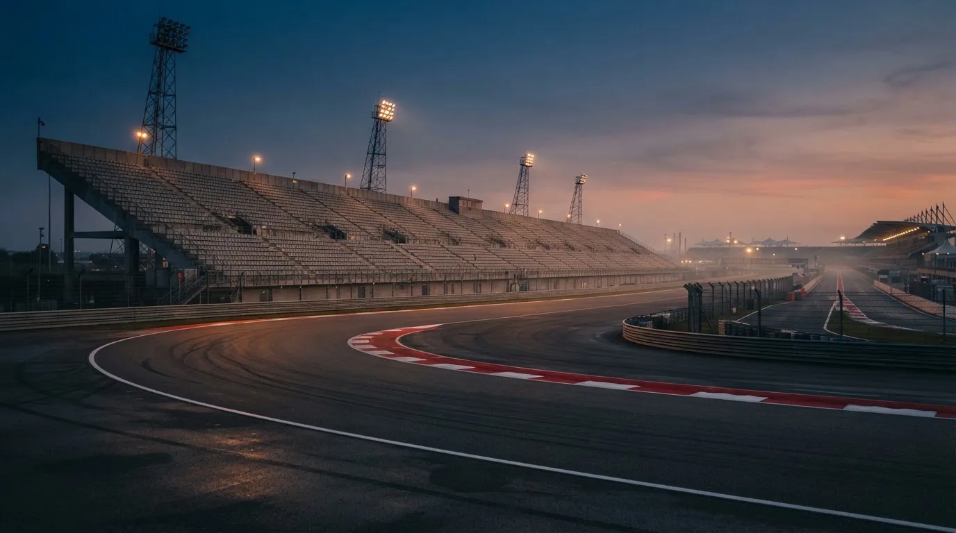 An empty football stadium with floodlight masts at dusk