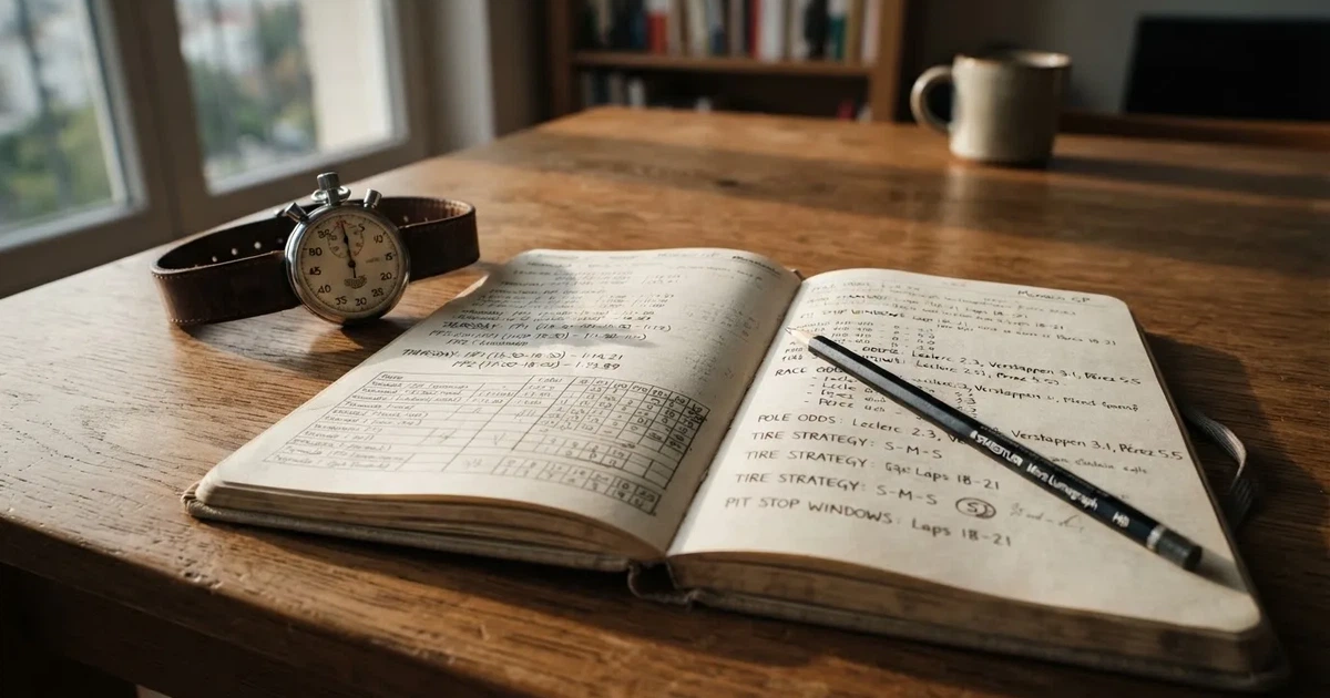 An open notebook with a pencil and a stopwatch on a wooden table