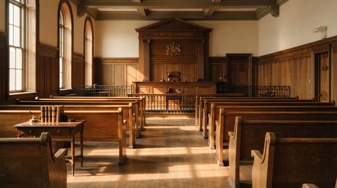 An empty courtroom with wooden benches in morning light