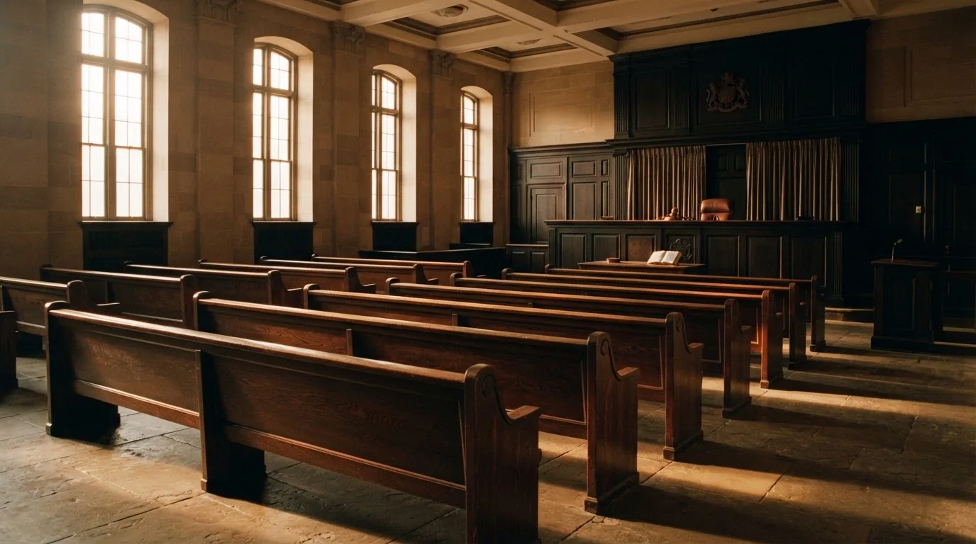An empty courtroom with wooden benches in morning light