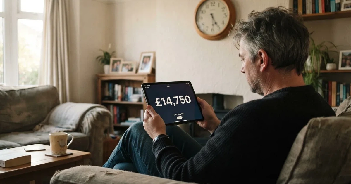 A person on a sofa looking thoughtfully at a tablet, a wall clock in the background
