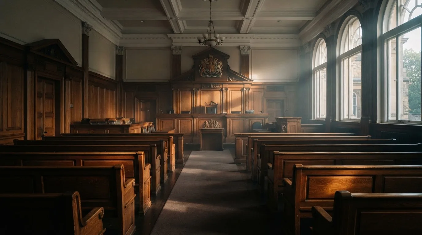 An empty courtroom with wooden benches in morning light