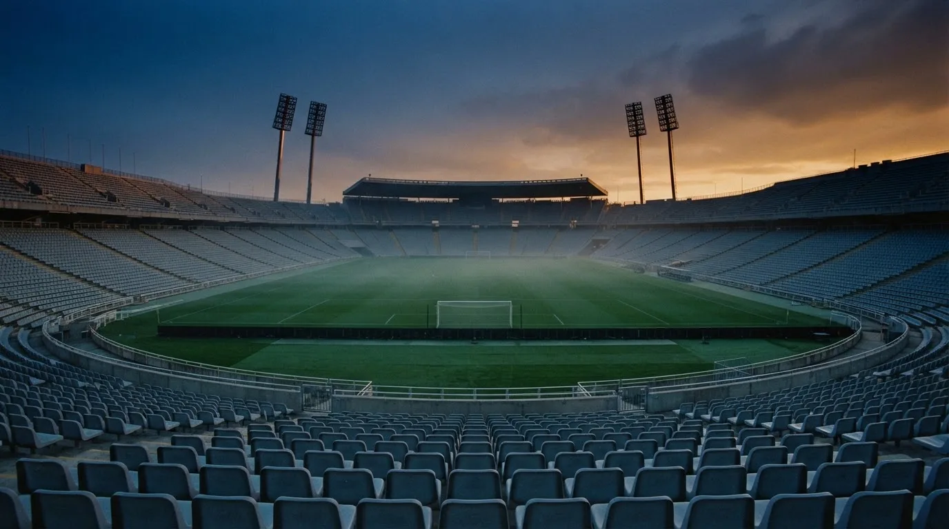 An empty football stadium with floodlight masts at dusk