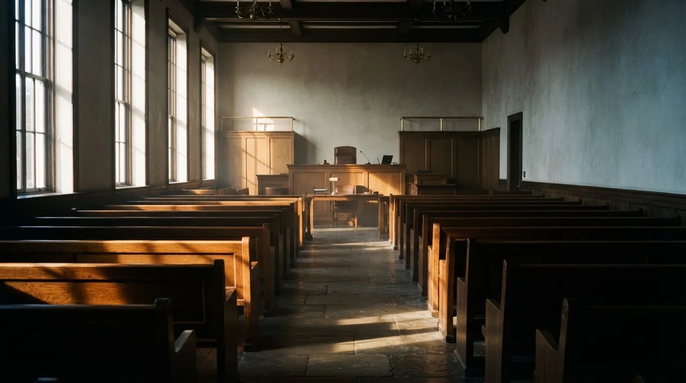 An empty courtroom with wooden benches in morning light