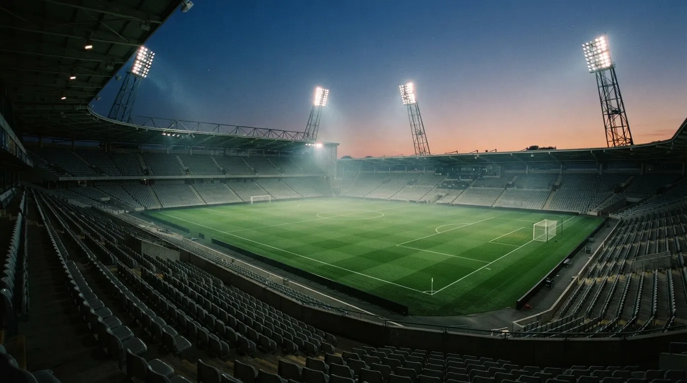 An empty football stadium with floodlight masts at dusk