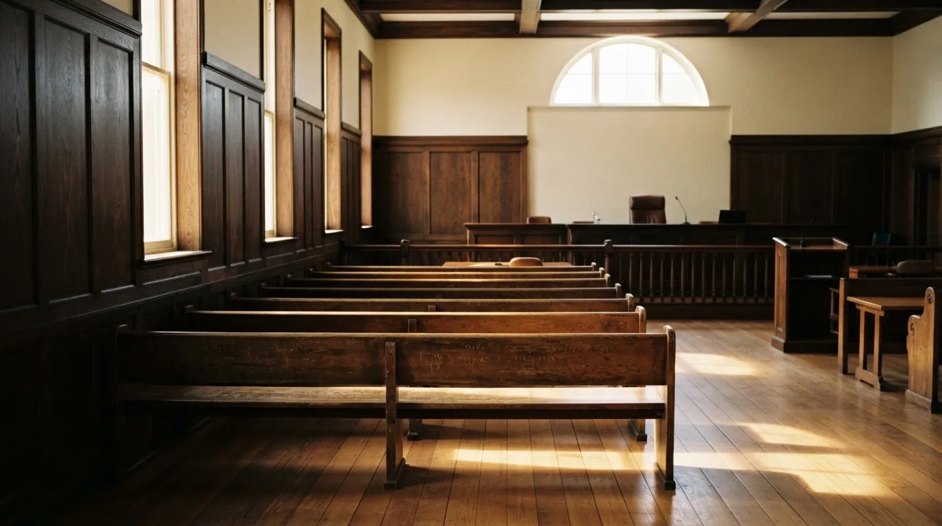 An empty courtroom with wooden benches in morning light