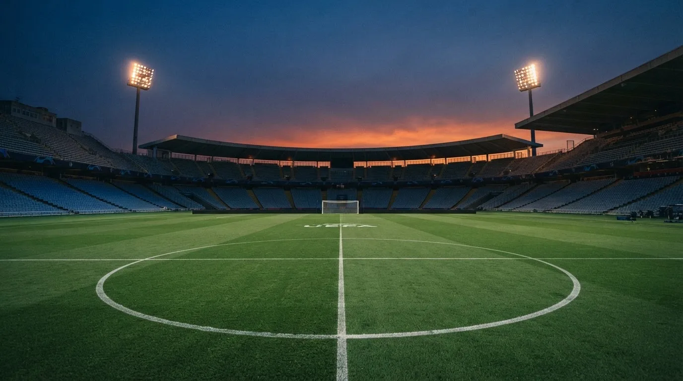 An empty football stadium with floodlight masts at dusk
