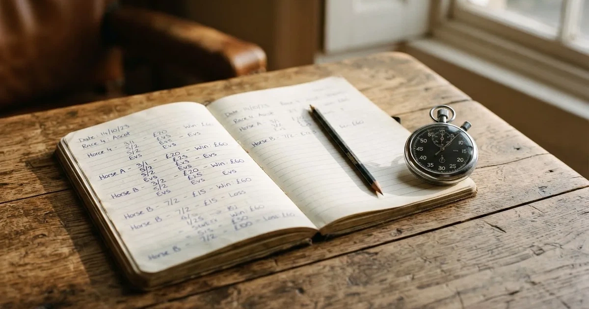 An open notebook with a pencil and a stopwatch on a wooden table