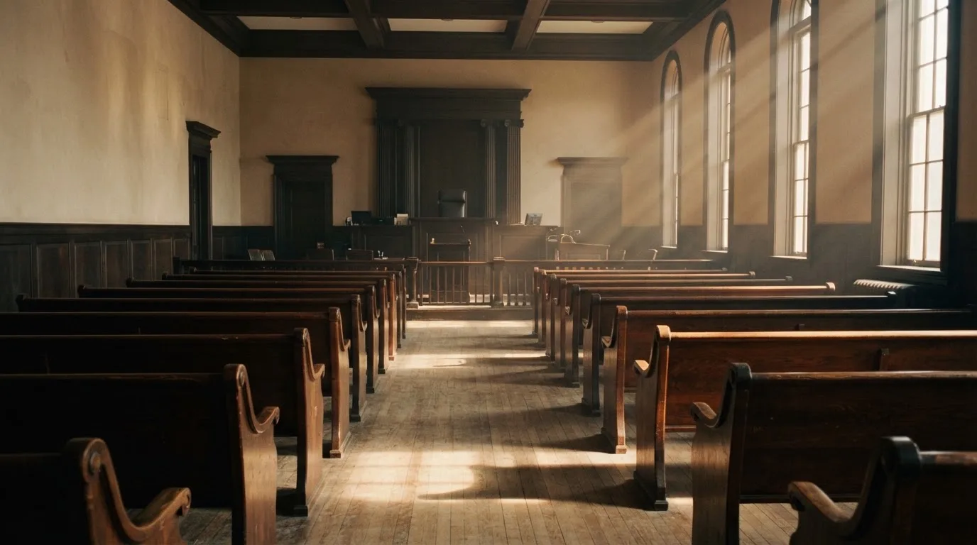 An empty courtroom with wooden benches in morning light