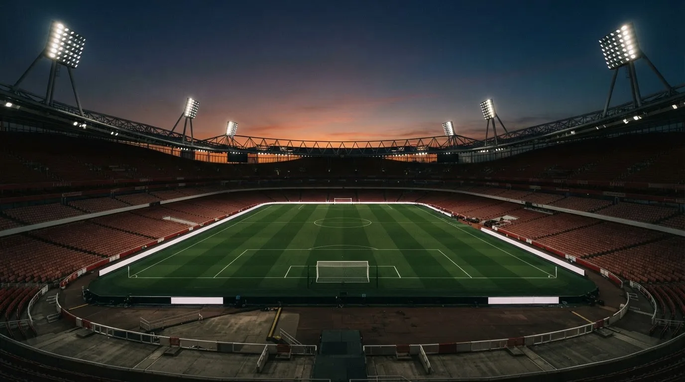 An empty football stadium with floodlight masts at dusk