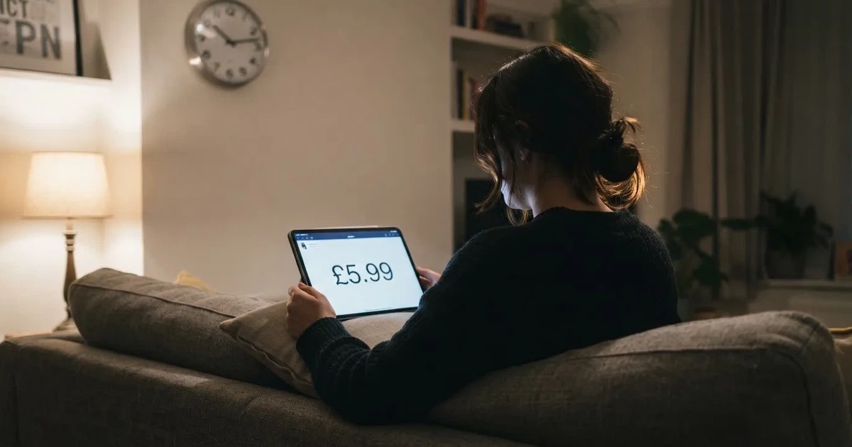 A person on a sofa looking thoughtfully at a tablet, a wall clock in the background