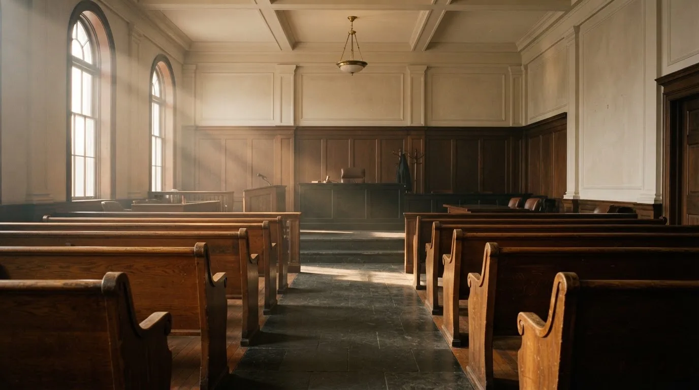 An empty courtroom with wooden benches in morning light