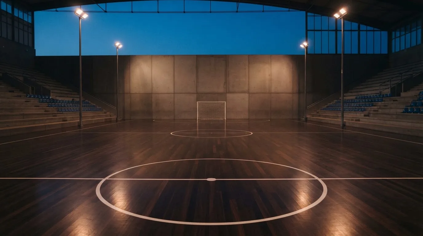 An empty football stadium with floodlight masts at dusk