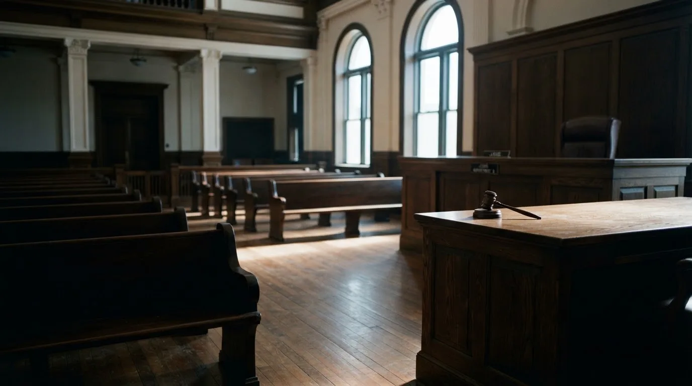 An empty courtroom with wooden benches in morning light