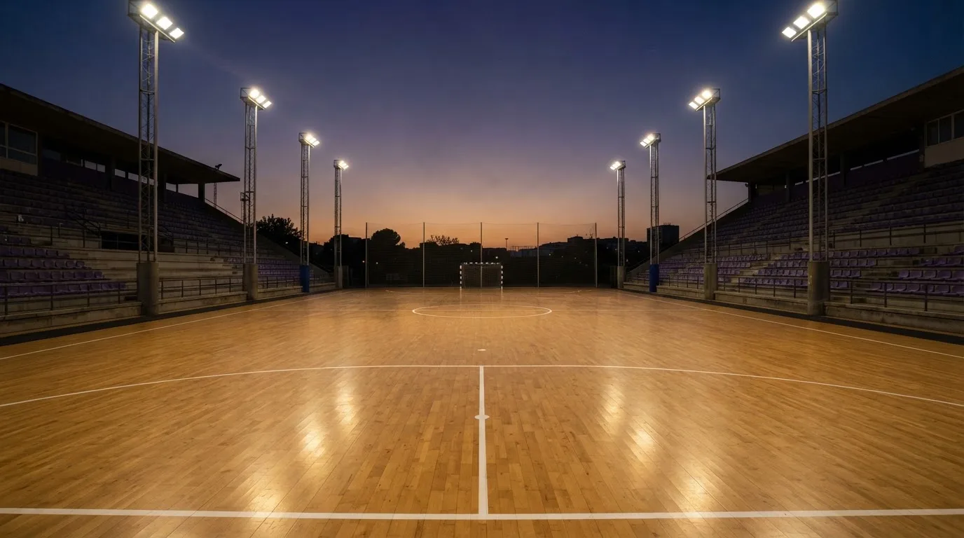An empty football stadium with floodlight masts at dusk