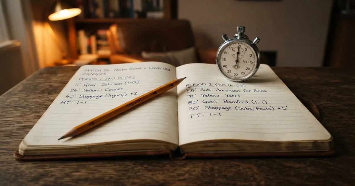 An open notebook with a pencil and a stopwatch on a wooden table