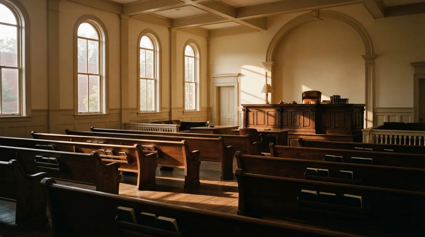 An empty courtroom with wooden benches in morning light