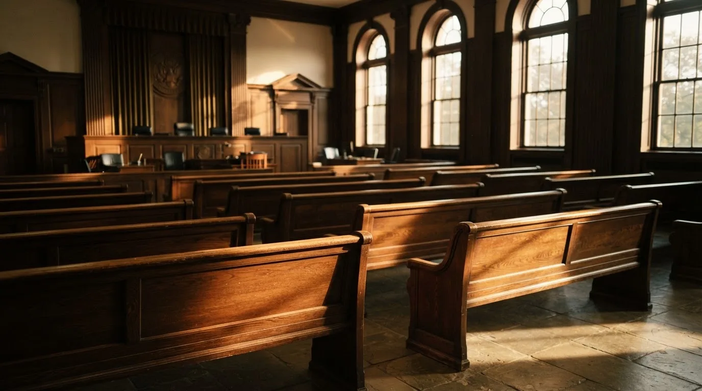 An empty courtroom with wooden benches in morning light