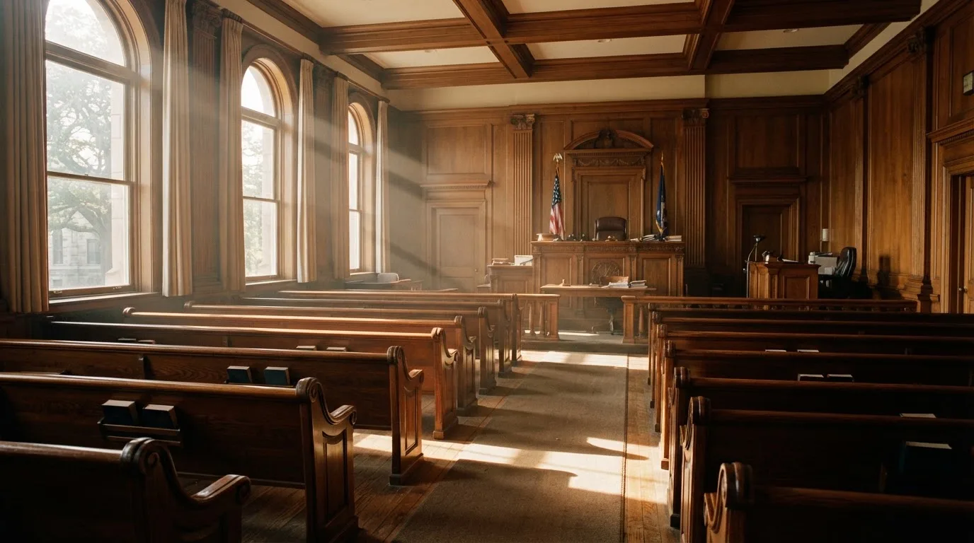 An empty courtroom with wooden benches in morning light